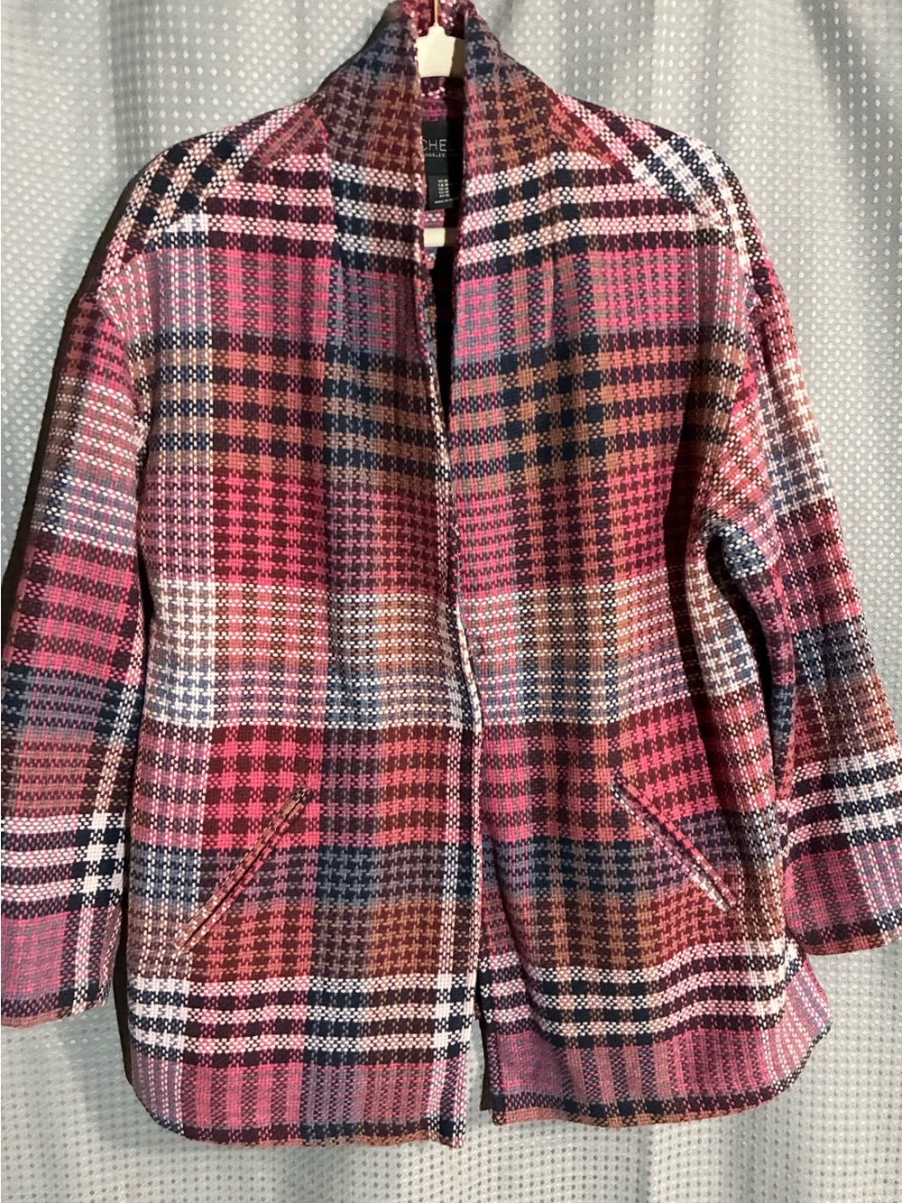 Rachel Zoe Pink Plaid Open-Front Coat Sz M Pockets Snap Close Stylish Warmth